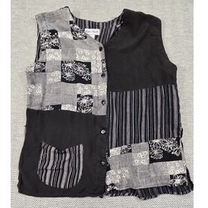 Cross Towne Womens Patchwork Floral Striped Button Front Rayon Vest Black Grey M